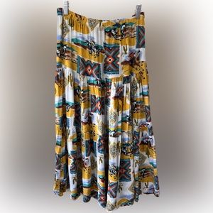 Vintage cowboy western print tiered skirt with saguaros, elastic waist, S/M